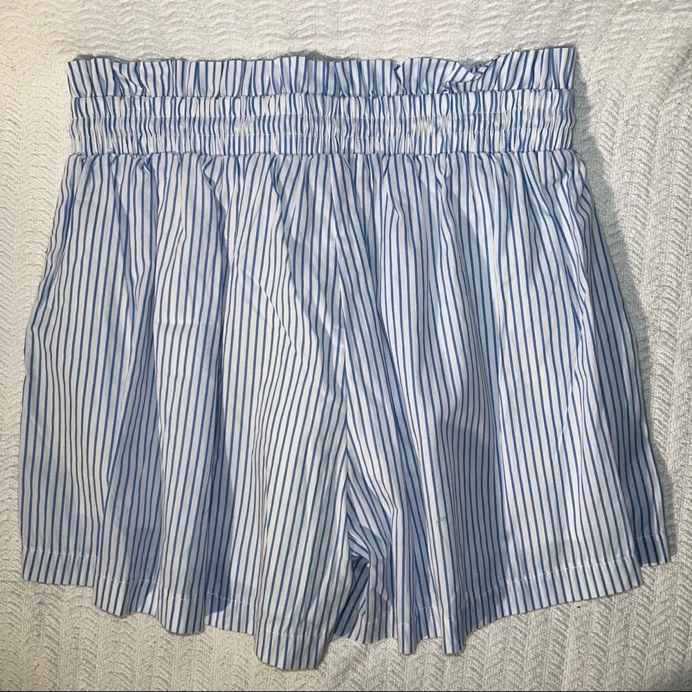 hazel Blue & White Striped Embroidered Pom Pom Shorts